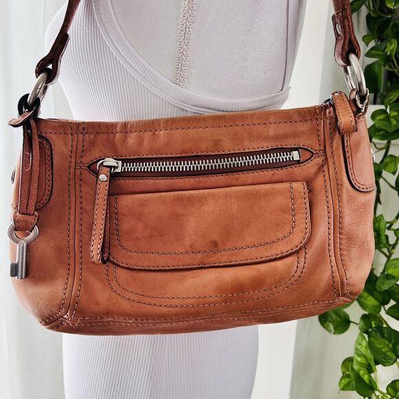 Vintage Fossil Key Per Brown Leather Small Shoulder Bag Purse Lined - Picture 1 of 7